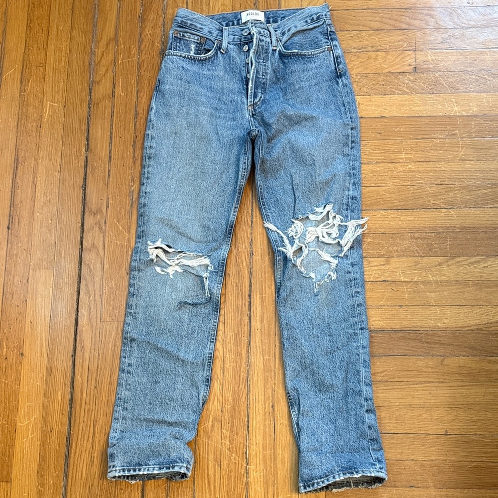 Agolde 90s Mid Rise Loose Fit Distressed Blue Jeans